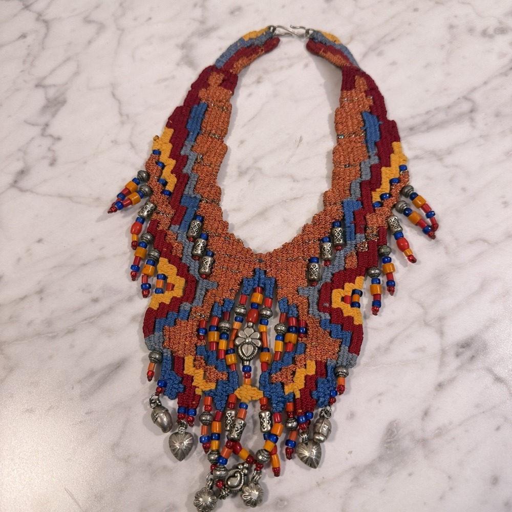 Artisan Woven Tapestry Fabric Beaded Ethnic Bib Necklace Helen Banes Style - Picture 6 of 10
